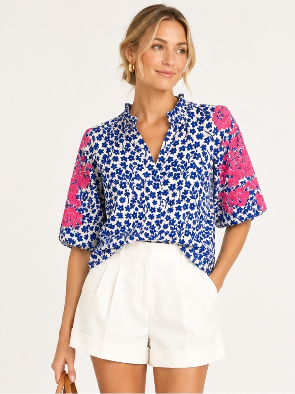 THML Floral Embroidered Puff Sleeves Ruffle Neck Popover Blouse Size Small